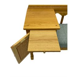 Light oak telephone table, with cupboard, upholstered seat
