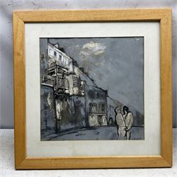 Larry Hilary Eduard Wakefield (British 1925-1997): Lovers by the Houses, mixed media signed 34cm x 34cm 