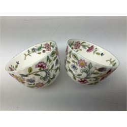 Minton Haddon Hall pattern tea set, comparing teapot, two tea cups and saucers (5)