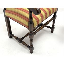 Royal Oak Furniture Co - Jacobean style oak dining table, rectangular top with a lunette carved frieze, acanthus carved baluster cup and cover supports joined by angular stretchers (276cm x 122cm, H81cm), and set ten (8+2) oak framed high back dining chairs upholstered in striped fabric with studded detail, turned supports and stretchers