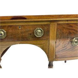 George III design converted mahogany sideboard, crossbanded and ebony strung hinged top, revealing turntable and twin speaker compartments, over faux frieze drawer flanked by twin cupboards, raised on turned tapering supports with boxwood stringing