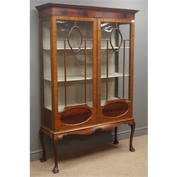  Edwardian mahogany display cabinet, projecting cornice above two astragal glazed doors, with oval figured panels, shaped apron, cabriole supports with ball and claw feet, W116cm, H174cm, D38cm  
