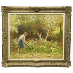 Ernest Higgins Rigg (Staithes Group 1868-1947): 'The Cottage Garden', oil on canvas unsigned 62cm x 75cm 
Provenance: from the family of the artist 
Notes: the painting depicts the artist's wife at work in their garden in Devon.