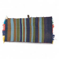 North East Persian Turkoman saddle bag, flatwoven wool with striped field of multicoloured diamond motifs, flanked by geometric borders in crimson and indigo, joined at centre with original braided fastening