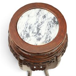 Chinese hardwood jardiniere stand, with inset black veined white marble, pierced carved apron united by rose carved undertier
