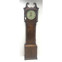 Late 18th century oak and mahogany banded longcase clock, swan neck pediment above hood with turned column pilasters,  circular enamel dial decorated with bird, Roman and Arabic numerals, subsidiary date aperture, thirty hour movement striking on bell, H205cm (with weight and pendulum)