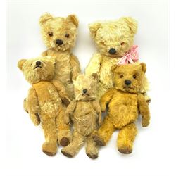 Five English teddy bears c1930s-50s comprising Chad Valley with swivel jointed head, glass eyes, vertically stitched nose and mouth and jointed limbs with rexine pads H16