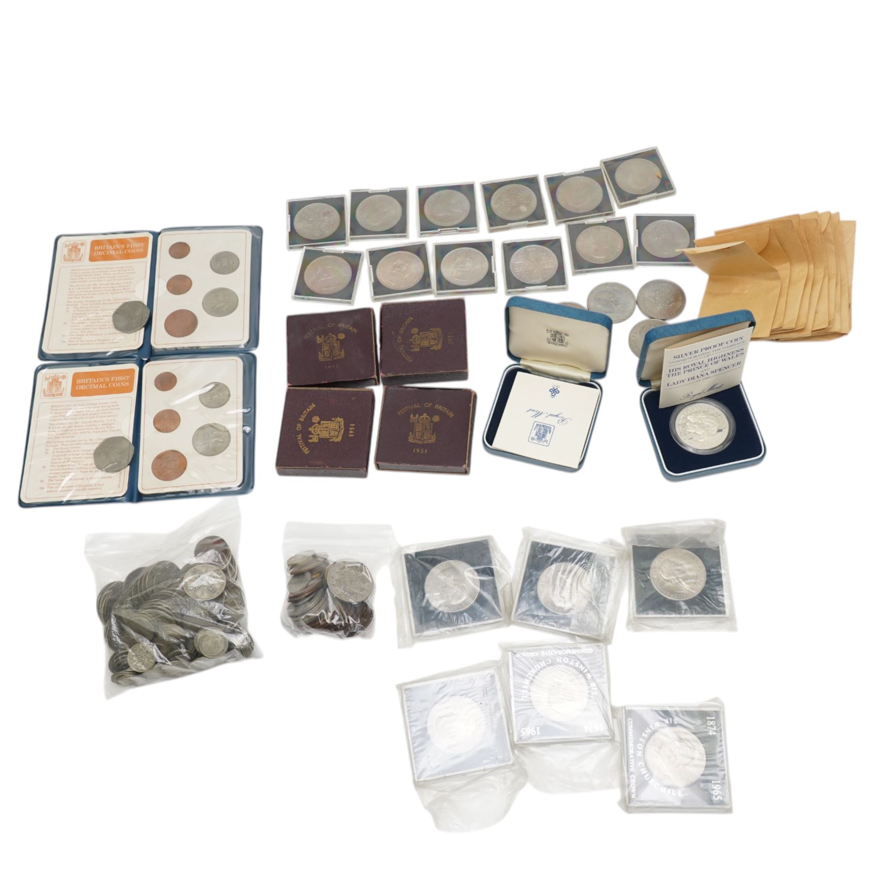 Approximately 860 grams of Great British pre-1947 silver coins, two Royal Mint United Kingdom 1981 'Commemorating The Marriage Of His Royal Highness The Prince Of Wales And Lady Diana Spencer' silver proof crown coins, commemorative crowns, and further pre-decimal coins