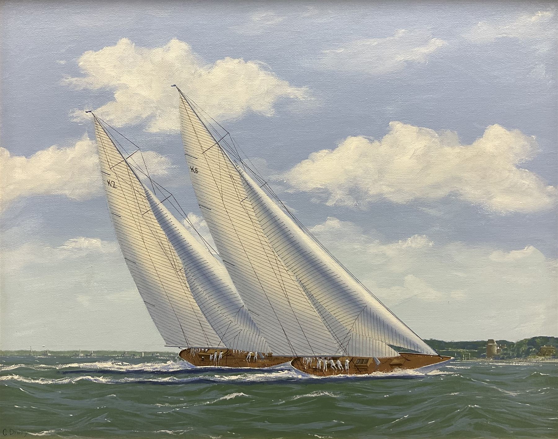 George Drury (British 1950-): 'Candida and Astra off the Royal Yacht Squadron', oil on board signed, titled verso 38cm x 48cm