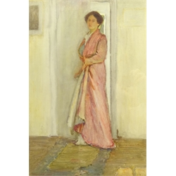  Henry Silkstone Hopwood (Staithes Group 1860-1914): Lady in Pink, watercolour signed and dated 1908, 53cm x 36.5cm  