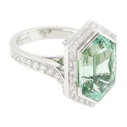 Platinum African Paraiba tourmaline and diamond ring by Scarab London, single fancy double bullet cut tourmaline of approx 8.37 carat, with round brilliant cut diamond surround and diamond set shoulders, London 2023, total diamond weight approx 1.05 carat, with Alan Poultney Gems report