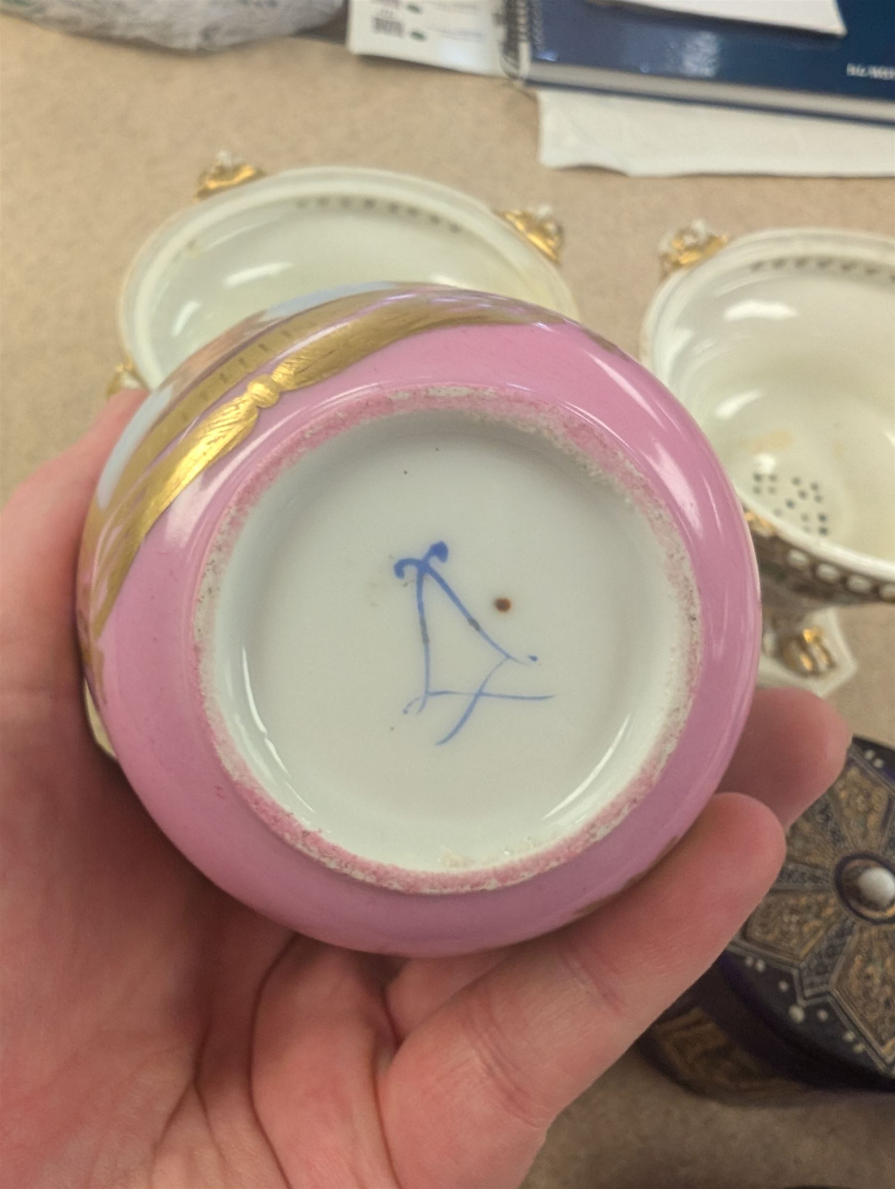 Two Royal Crown Derby pot pourri, Dresden teacup and saucer, three blue glass dressing table items, etc 