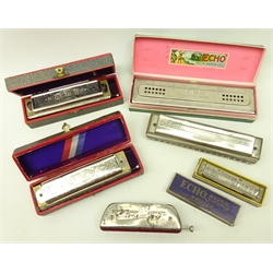  Collection of six Hohner harmonicas two 'The Super Chromonica' both boxed, 'The Echo' boxed, 'Echo Super Vamper' boxed, 'The 64 Chromonica' and 'Chrometta 8' (6)  