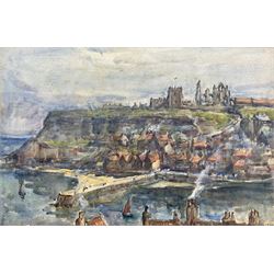 Rowland Henry Hill (Staithes Group 1873-1952): Tate Hill Pier and the East Cliff Whitby, watercolour signed and dated 1930, 26cm x 39cm