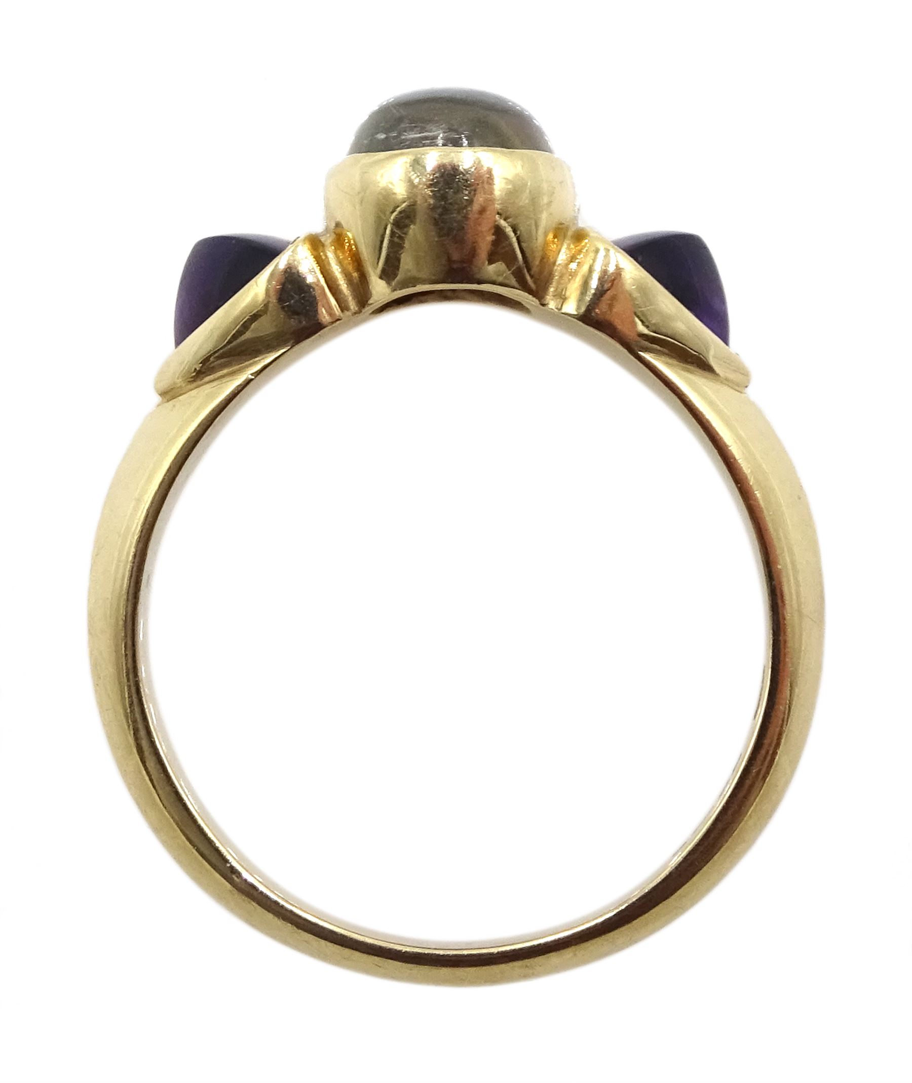 9ct gold oval moonstone and trillion cut amethyst three stone ring, hallmarked