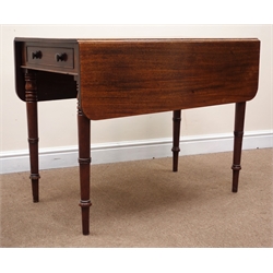  19th century mahogany drop leaf Pembroke table, single drawer, turned supports, W96cm, H75cm, D107cm  