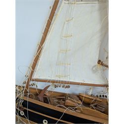 Large wooden model ship of a three-masted schooner, H117cm, W163cm, with stand