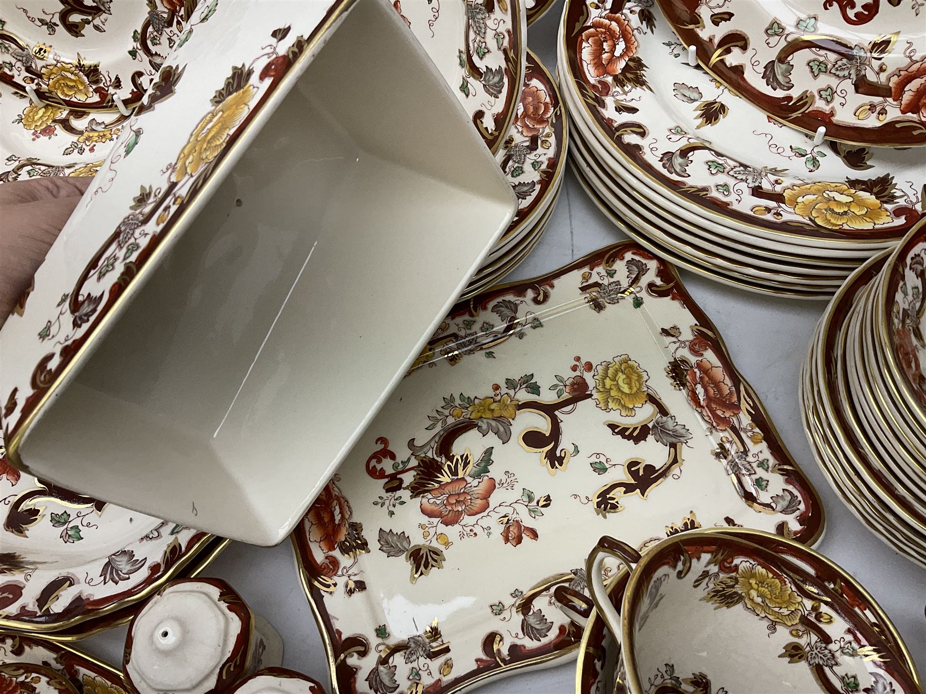 Masons Brown Velvet pattern tea and dinner wears, to include eight dinner plates, eight twin handled soup bowls and saucers, eight tea cups and saucers, cheese cover and plate, jug, meat platter etc (84)  