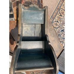 Unusual 18th century small Northern European wooden sled, with curved scroll back, the sides painted with coastal shipping scenes, the interior with removable zinc liner, upon curved irons painted with flower heads, H36cm W56cm D29cm