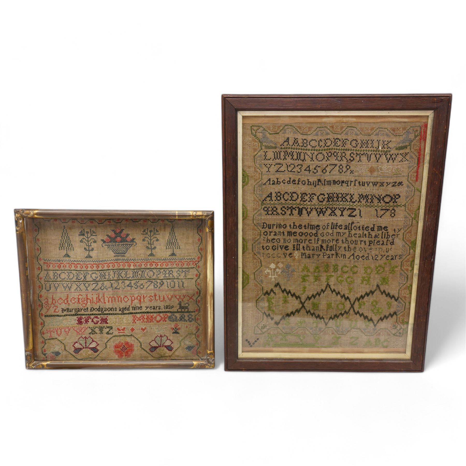  Early 19th century needlework sampler by Mary Parkin aged 12 years with alphabet, numerals and verse 40cm x 30cm and another by Margaret Dodgsons aged 9 years 1839 26cm x 32cm (2)