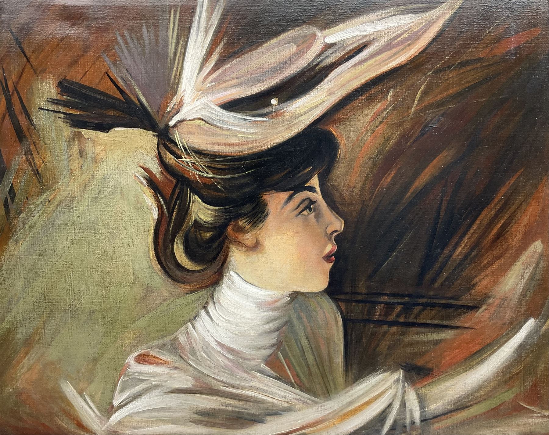 After Giovanni Boldini (Italian 1842-1931): The New Hat - Portrait of Lina Cavalieri, oil on canvas unsigned, James Bourlet & Sons label verso 59cm x 75cm