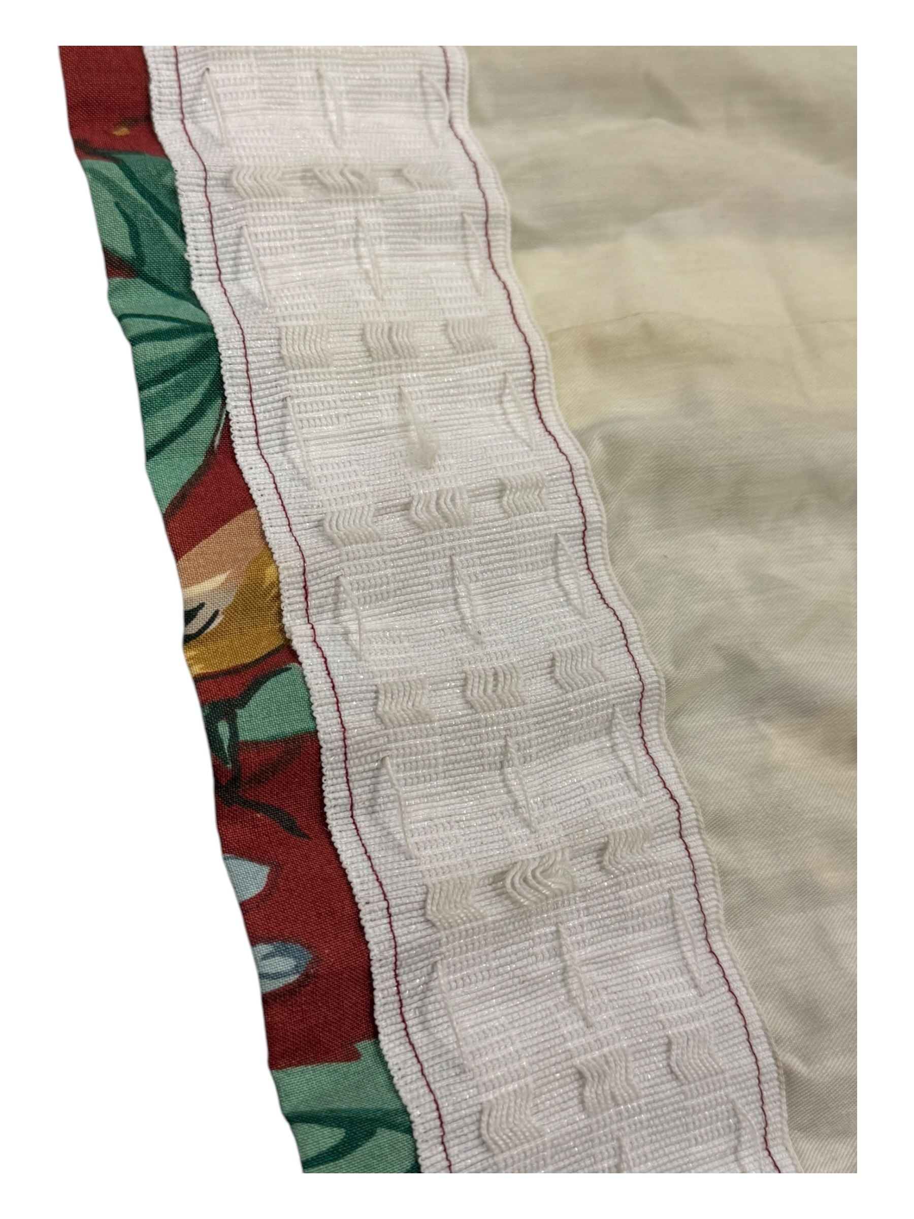 Two pairs of mid-20th century Liberty 'Fintry' gathered curtains, designed with floral and foliage motifs on a rich red ground with contrasting green panels