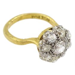 18ct gold old cut diamond cluster ring stamped 18ct Plat, total diamond weight approx 1.10 carat