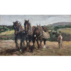 Ken Moroney (British 1949-2018): Three Heavy Horses, oil on board signed 17cm x 28cm