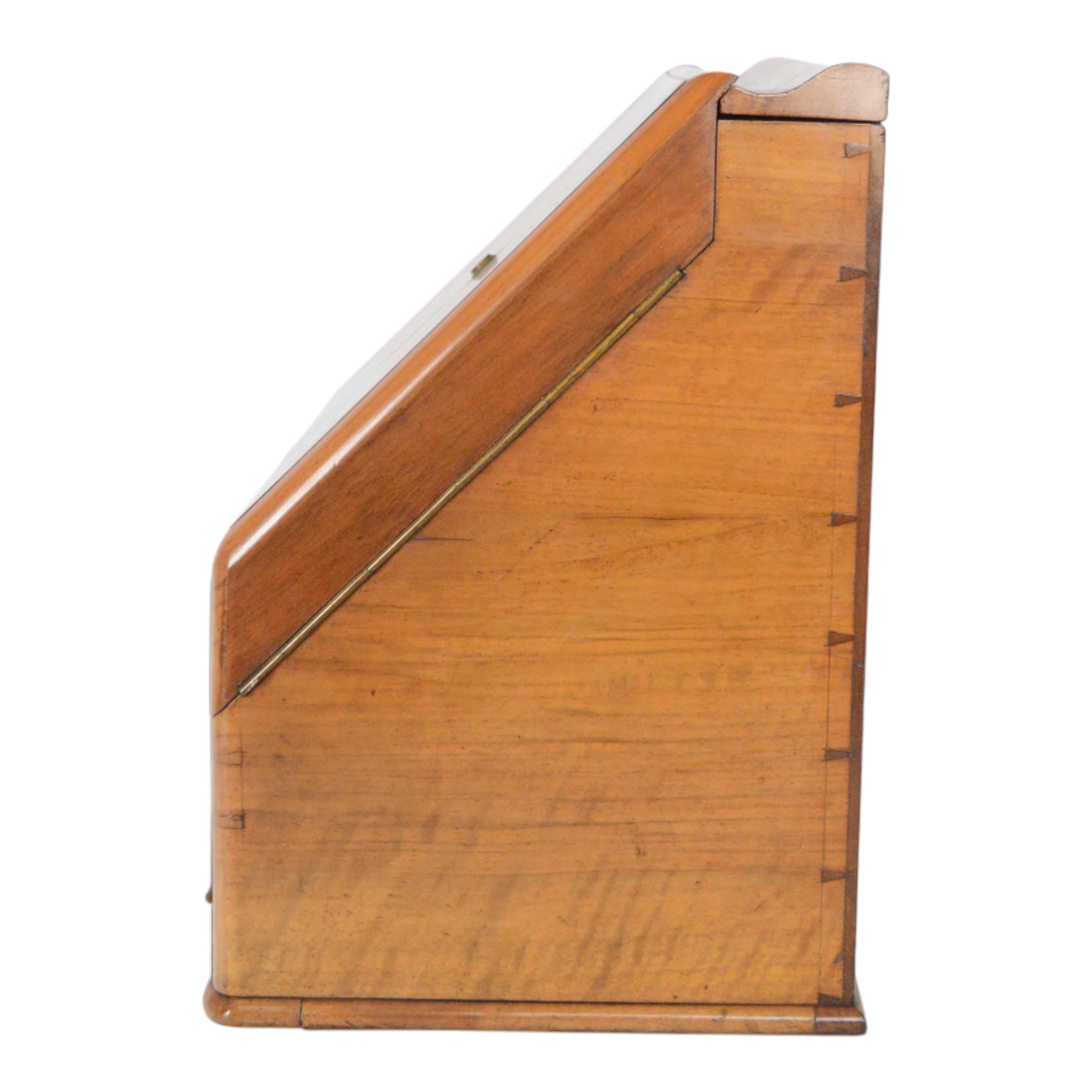 19th century burr walnut correspondence box, the sloped front opening to reveal a fitted interior with perpetual calendar, letter racks, and pen tray between two inkwell recesses, above a pull out draw with recessed brass handle, H41cm L40.5cm D28.5cm