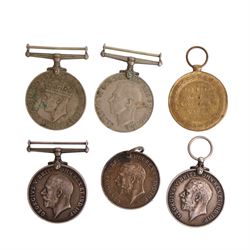 WWI British medal set, comprising George V Royal Fleet Reserve Long Service medal, War medal and Victory medal, awarded to J. 47087 T. Sharpe A.B.R.N, together with another WWI War medal, two WWII Defence medals and two sweetheart badges  