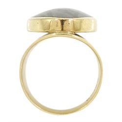 9ct gold Picasso jasper ring, single oval cut jasper, set within an openwork gallery by C W Sellors, Sheffield 1997