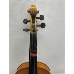 Four Chinese graduated violins - full size with 35.5cm two-piece back; three-quarter size with 33.5cm two-piece back; half size with 31cm two-piece back; and quarter size with 27.5cm two-piece back; all cased except full size; one with bow (4)