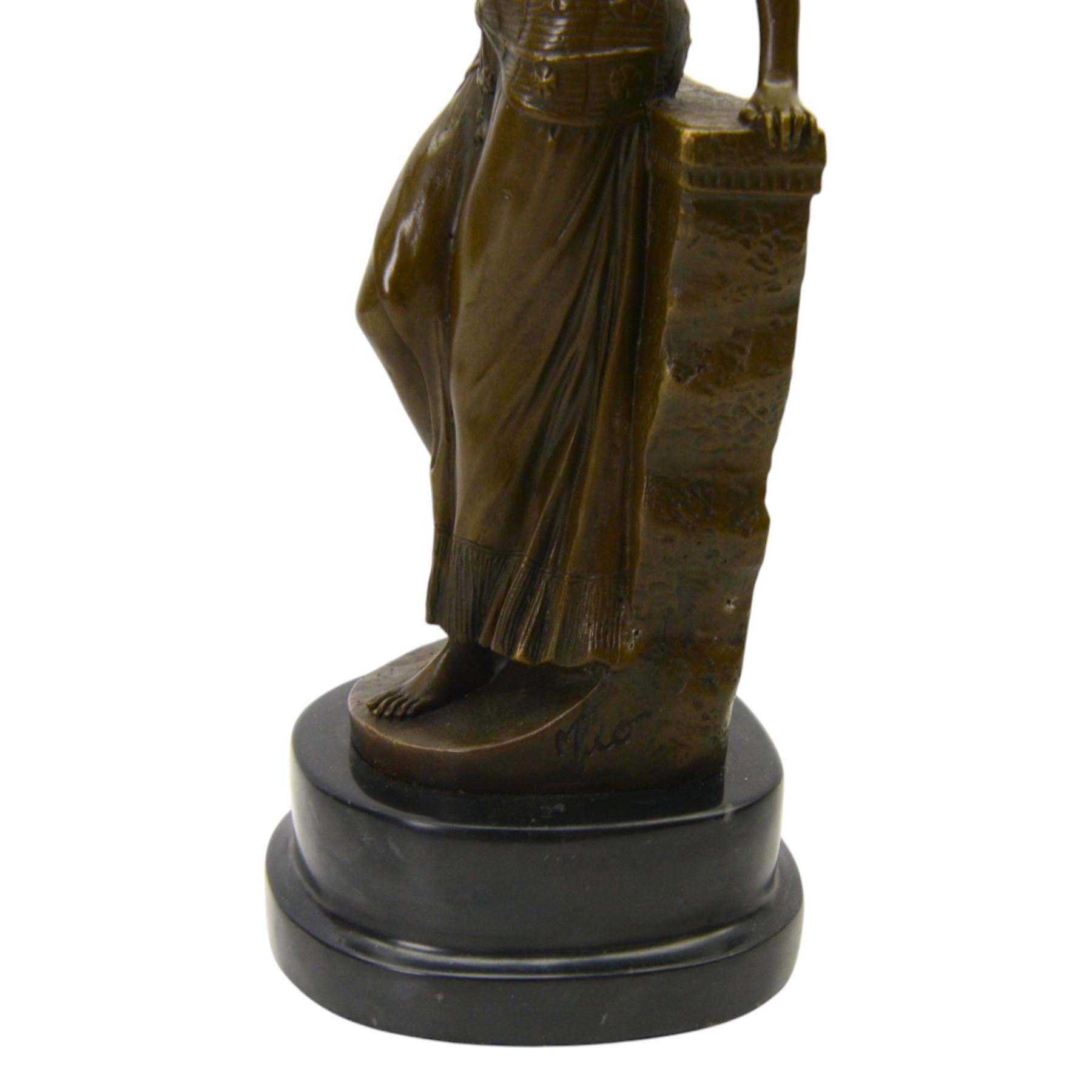 After Milo; Egyptian lady leaning on a wall with sphinx carving, upon a stepped oval base H25cm