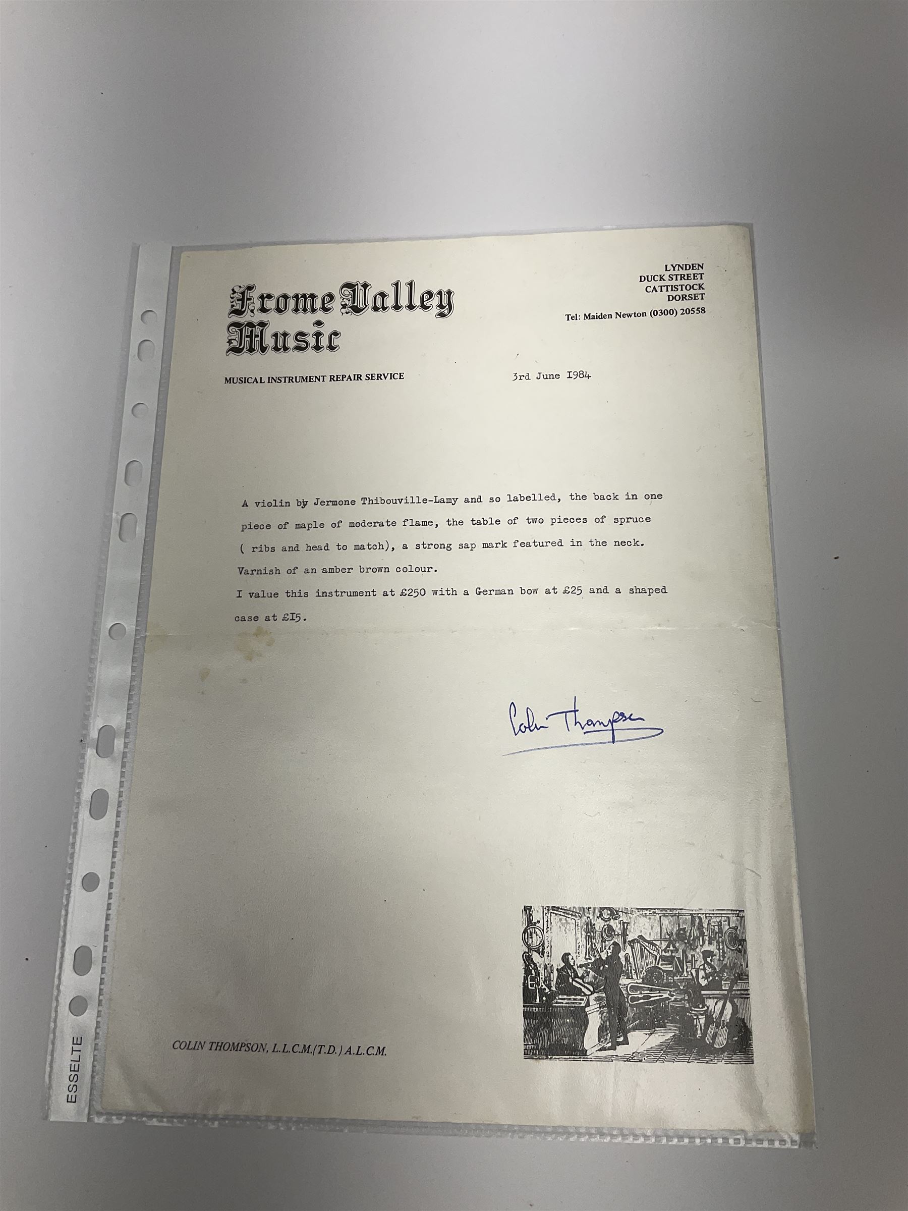 French Mirecourt violin c1920s with 36cm one-piece maple back and ribs and spruce top, labelled Jermone Thibouville-Lamy, L59cm, in fitted carrying case with German bow and 1984 valuation certificate by Frome Valley Music