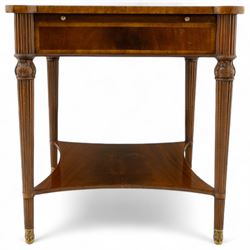 Maitland Smith - Pair of mahogany side tables, the rectangular top with rounded corners, the top edge inlaid with movingui wood, above two under-tier shelves, and frieze drawer, supported on stop-reed and acanthus foliate carved legs united by platform stretcher, raised on brass sabot foot caps