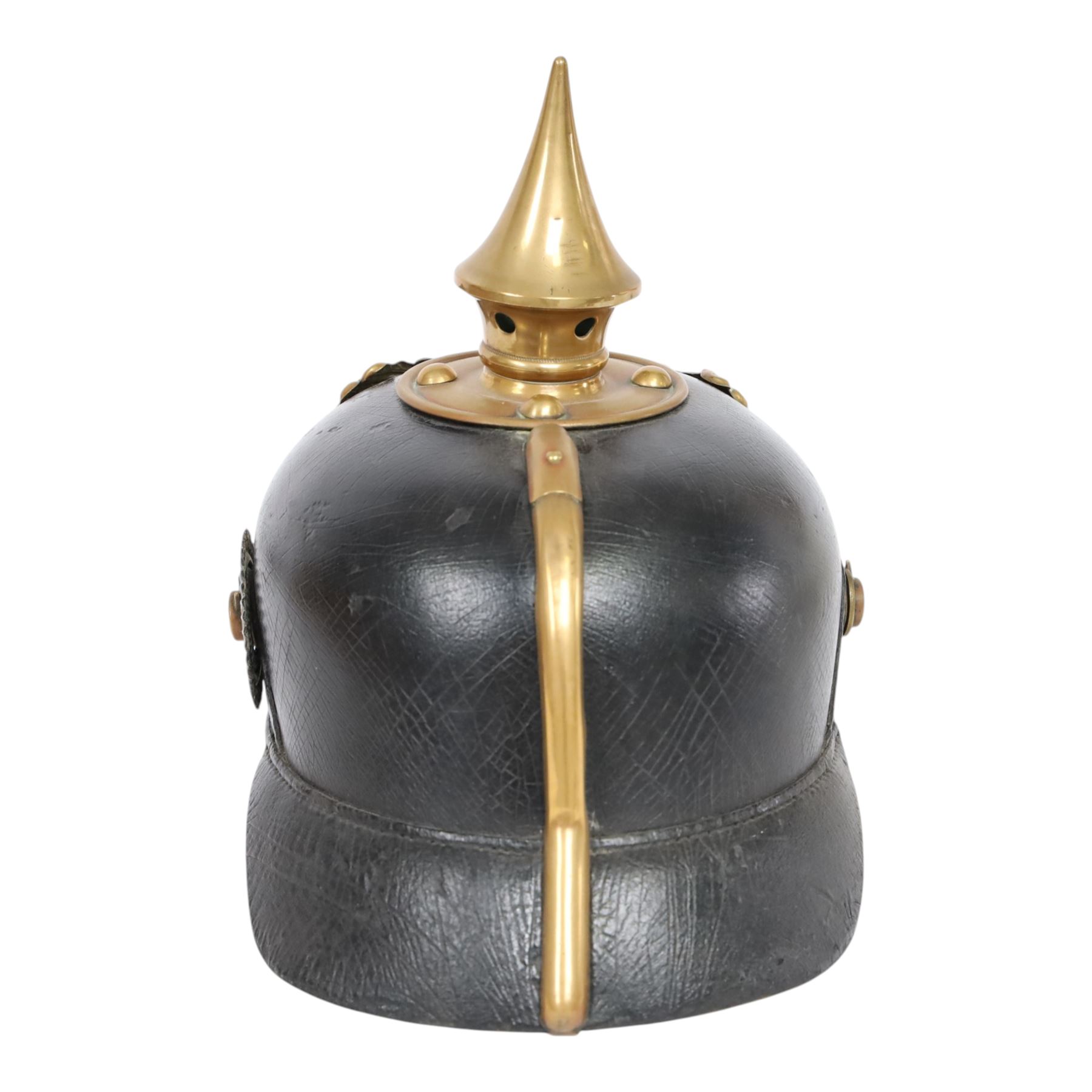 WWI Prussian M1895 Pickelhaube, Infantry 48 3rd battalion, the black leather skull with brass spike finial, brass eagle helmet plate and leather chin strap, one side with a black cockade, with leather lining  marked JR48 