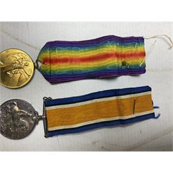 WW1 pair of medals comprising British War Medal and Victory Medal awarded to T4-088269 Dvr. P. Stather A.S.C.; with group of three WW1 miniatures including 1914-15 Star; all with ribbons; and two inert brass cased shells each marked Karlsruhe H16cm