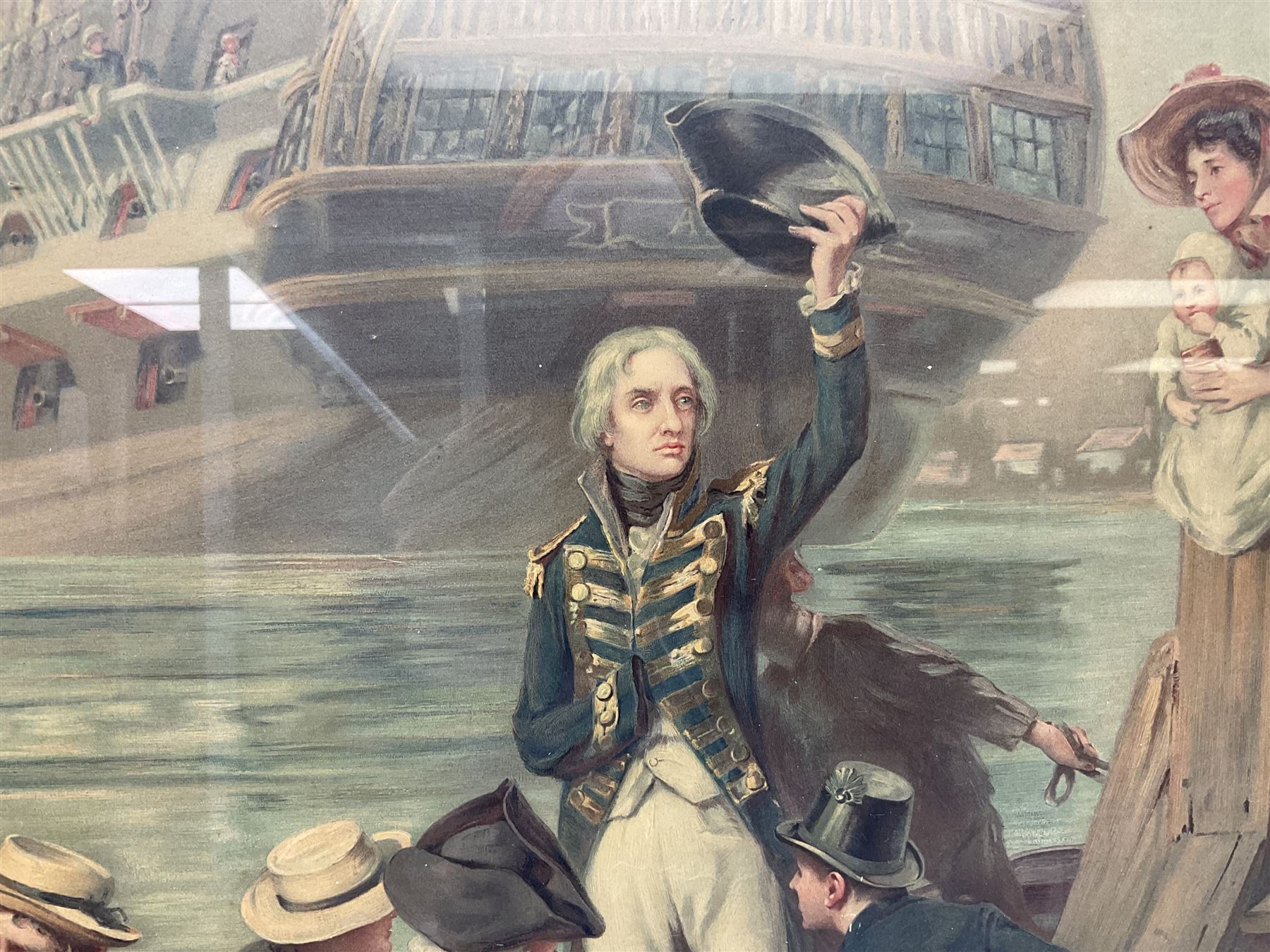 After Fred Roe, pair of colour prints of Lord Nelson, one titled 'Good-bye My lads', the other depicting Nelson walking through the streets of Portsmouth, 52 x 81cm, modern mahogany frames (2)