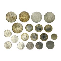 Queen Elizabeth II commemorative coins, including three Isle of Man 1970 crown coins, two further UK 1965 and 1970 crowns, three 2017 ‘Benjamin Bunny’ fifty pence pieces, two 1999 ‘Rugby World Cup’ two pound coins, Isle of Man 1999 ‘Phillip McCallen’ fifty pence piece etc