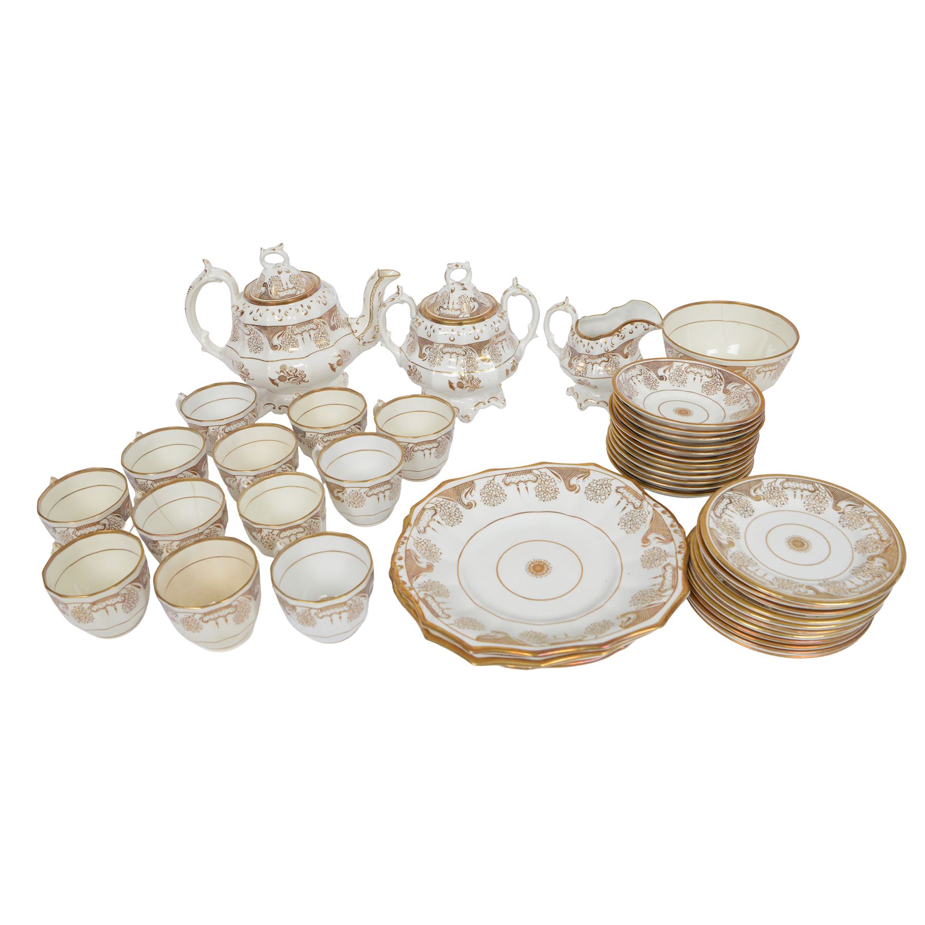 Late 19th century tea service, decorated in gilt with bands of seaweed type tendrils, thistles and cross hatch reserves upon a white glazed ground, comprising tea pot, twin handle lidded sucrier, milk jug, slop bowl, three serving plates, twelve cups and saucers and eleven side plates