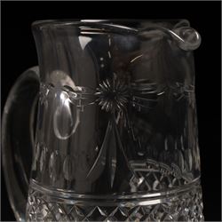 Stuart crystal Beaconsfield pattern claret jug with silver plated cover, matching water jug and pair of candlesticks