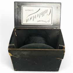Black top hat by Lincoln Bennett & Co, retailed by Hart & Hobbs, in a Cuthbertson hat box, internal circumference approx. 54cm, and one other black top hat, internal circumference approx. 57cm (2)