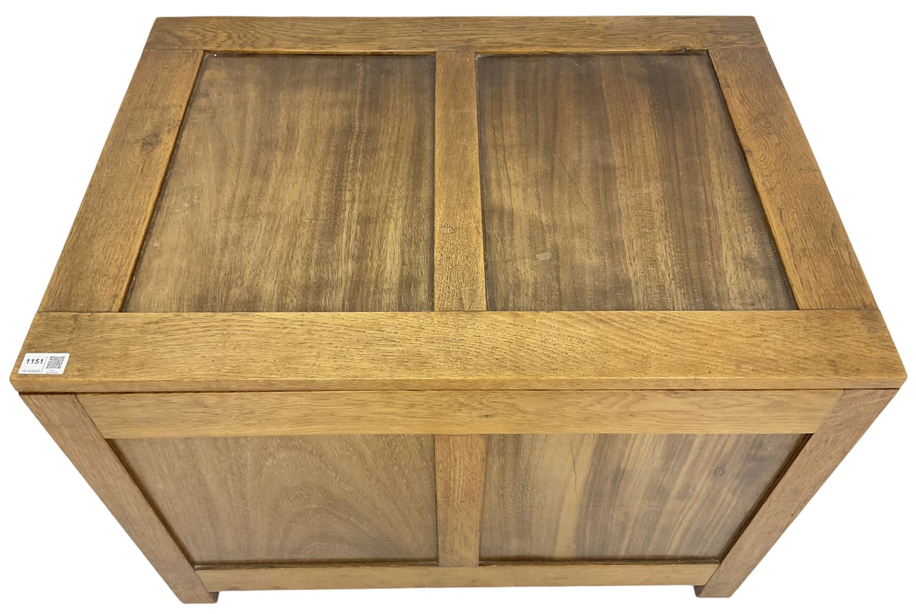 20th century panelled oak blanket chest, rectangular hinged top, raised on square supports