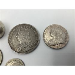 Queen Victorian 1891 crown, 1898 half crown, silver coin ring, silver coin bracelet etc