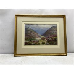 Edgar Longstaffe (British 1852-1933): Highland Cattle and Sheep in Mountain Landscapes, pair watercolours and gouache signed with monograms 23.5cm x 37cm (2)