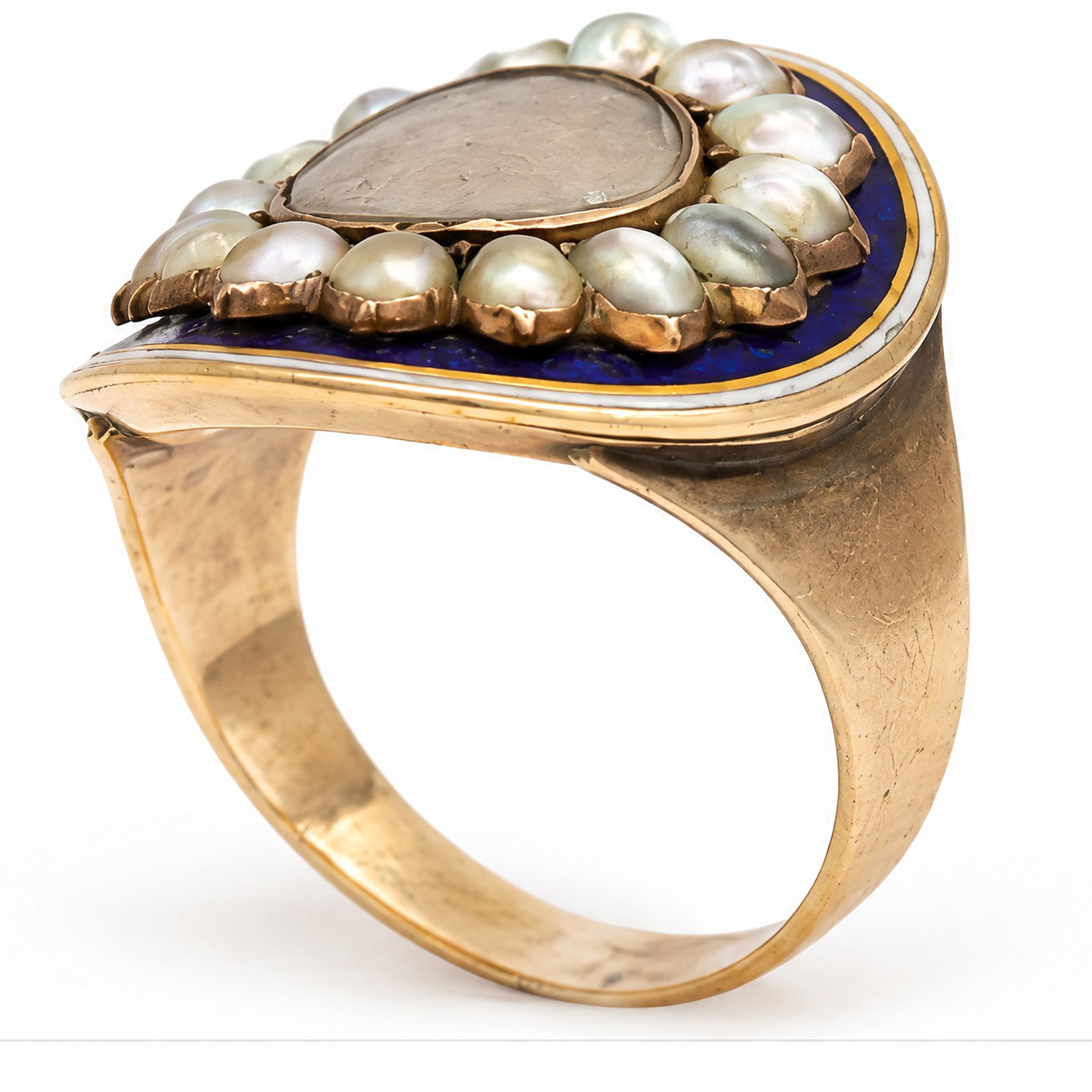 George III gold and enamel hairwork mourning ring, the glazed central woven hair panel surrounded by fifteen pearls, to a blue and white enamel ground, the reverse inscribed 'Sarah Johanna Holt, Obt. 11th July, 1796, AE:40', boxed