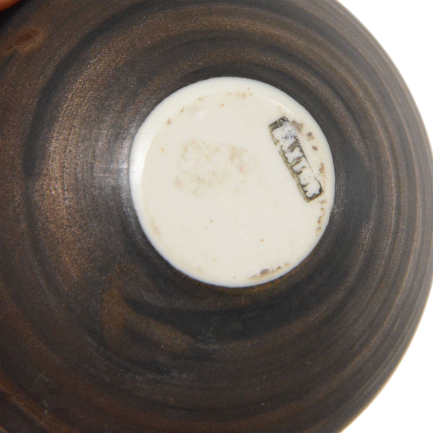 Richard Baxter; studio pottery vase in blue tones with metallic bands, H12cm  