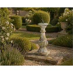 Composition stone sundial, square top with bulb pedestal, raised stepped plinth, lead dial...