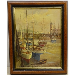  Don Micklethwaite (British 1936-): Pleasure Boats in Scarborough Harbour, oil on canvas board signed 45cm x 34cm  