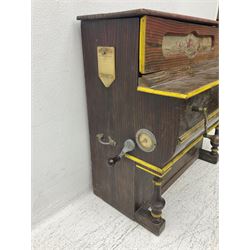 Faventia Half size miniature Spanish barrel piano with a 40cm cylinder playing tunes on a 37 note movement including woodblock and triangle, in a painted case with silk embroidered decoration to the front.  Vicente Linares, Barcelona trade label, with original crank handles, stringing, hammers action, tuning pins and cylinder
